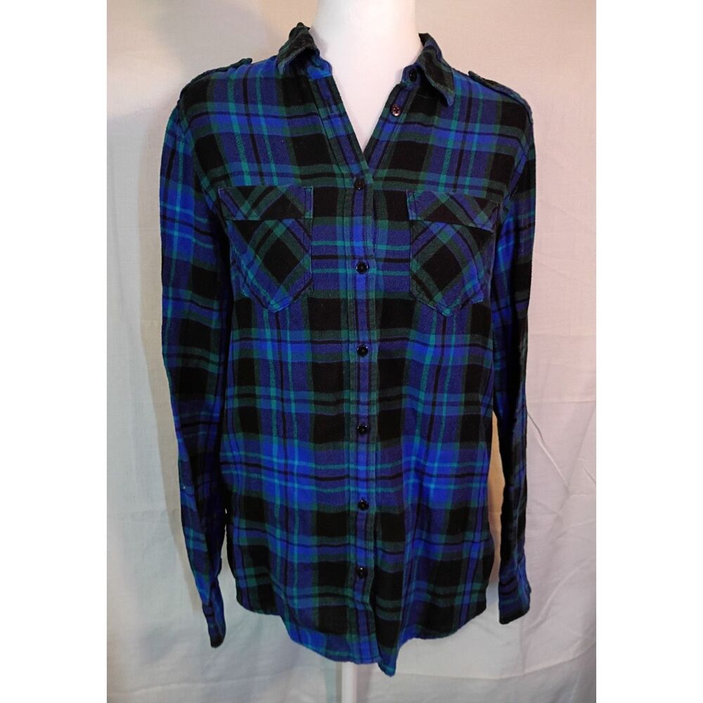 Express Boyfriend Blue Green Black Plaid Flannel Button Down Shirt Women's XS